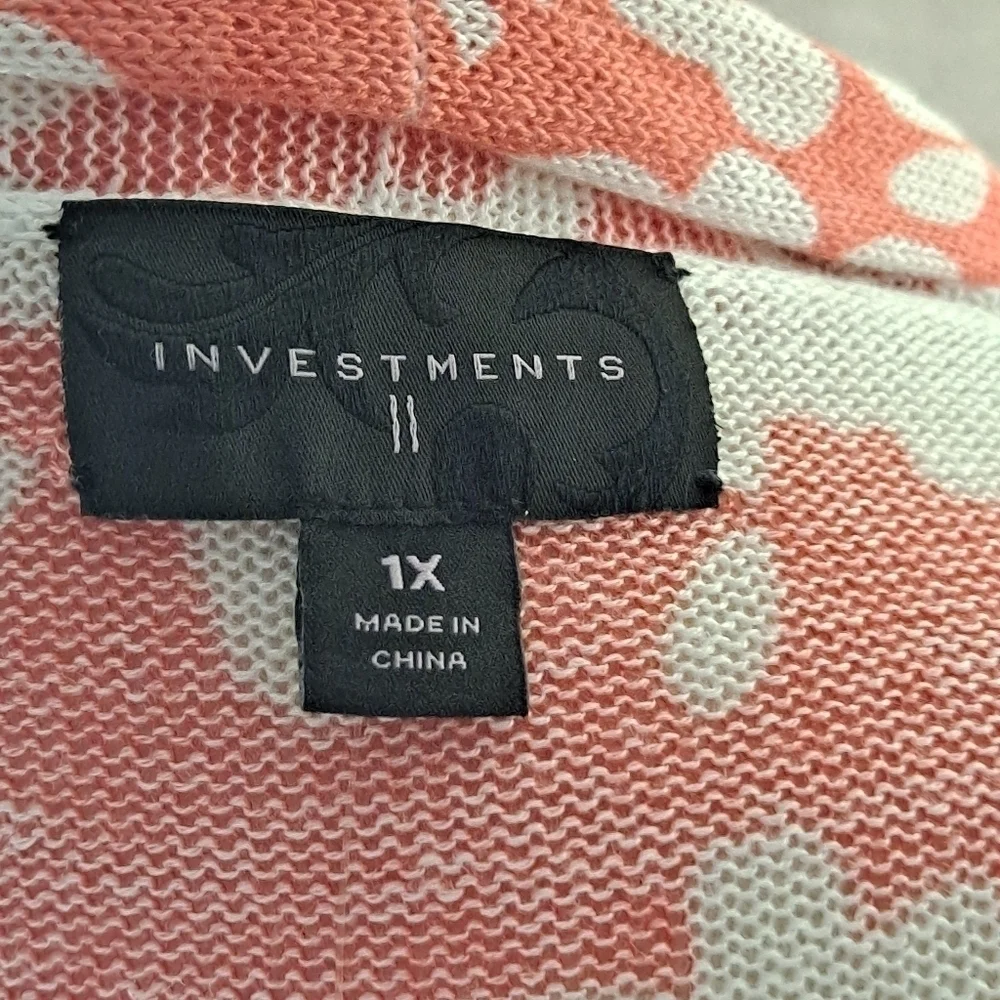 Investments II size 1X Open Front Cardigan Peach & White NWT